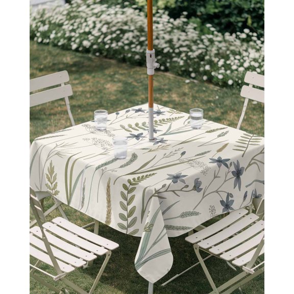 Outdoor Tablecloth with Umbrella Hole, Green Ferns Wild Grasses on Beige Zippered Table Cloth for Rectangle Tables, Spring Plants Washable Waterproof Tablecloths for Picnic Patio Garden