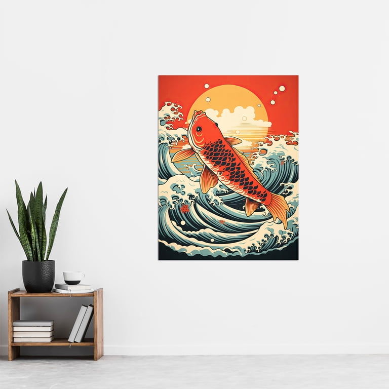 Japanese Koi Carp Fish Leaping From The Sea At Sunset Great Wave