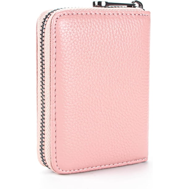 (A-Bean Pink) - Tarjetero de piel auténtica con bloqueo RFID, funda segura para tarjetas de identificación, cartera con cremallera (A-Bean Pink)