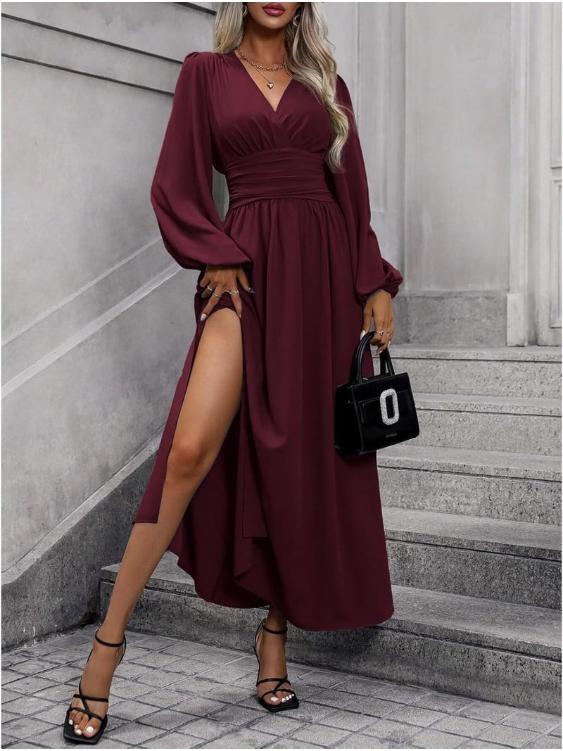 burgundy dress for wedding long sleeve Sheath/Column Square Neckline Long Sleeves Burgundy Wedding Guest Dress