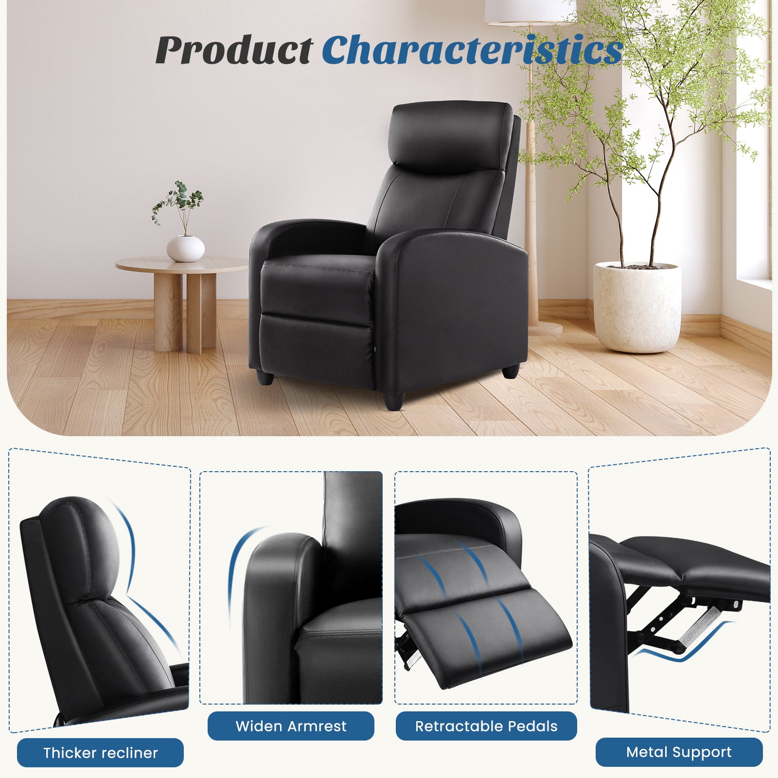 JIOABL Recliner Sofa, Adjustable Comfort Footrest for Living Room, Lounge, Bedroom, Black