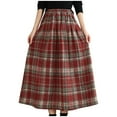 thumbnail image 2 of Ndbuld Stretchy Waist Bohemian Cotton Casual Half Skirt Women's Thick Woolen Elastic Waistband Plaid Skirt Retro A-line Skirt Gift for Girls,Red, 2 of 7
