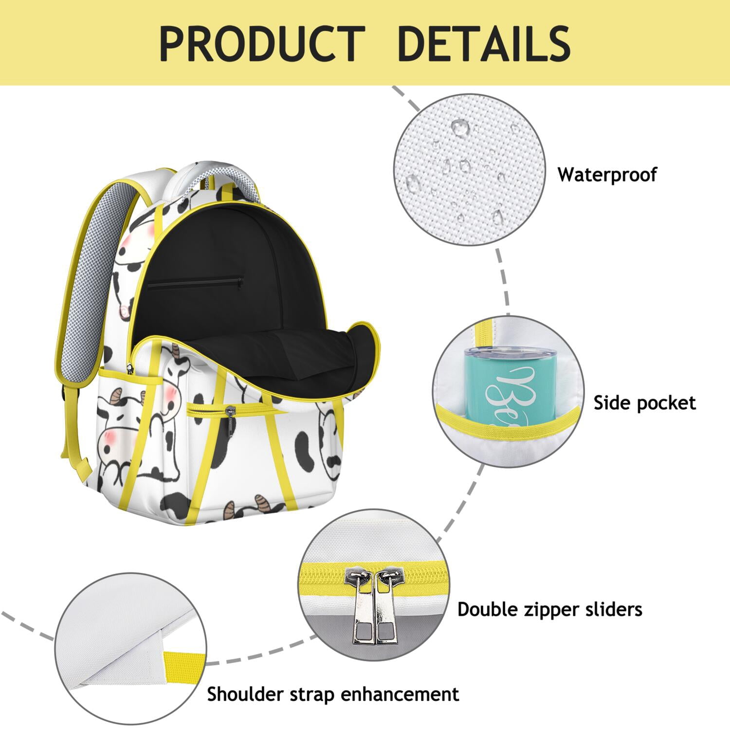 Cow Print Waterproof Bookbag - Stylish School Bag with Funny Highland Cow Pattern, Breathable & Spinal Support Design for Commuters