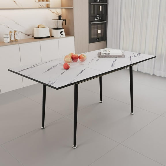IVV 47"-63" Expandable Dining Table with White Marble Pattern MDF Top and Black Tapered Metal Legs, Modern Industrial Kitchen & Dining Table for 2-6 People