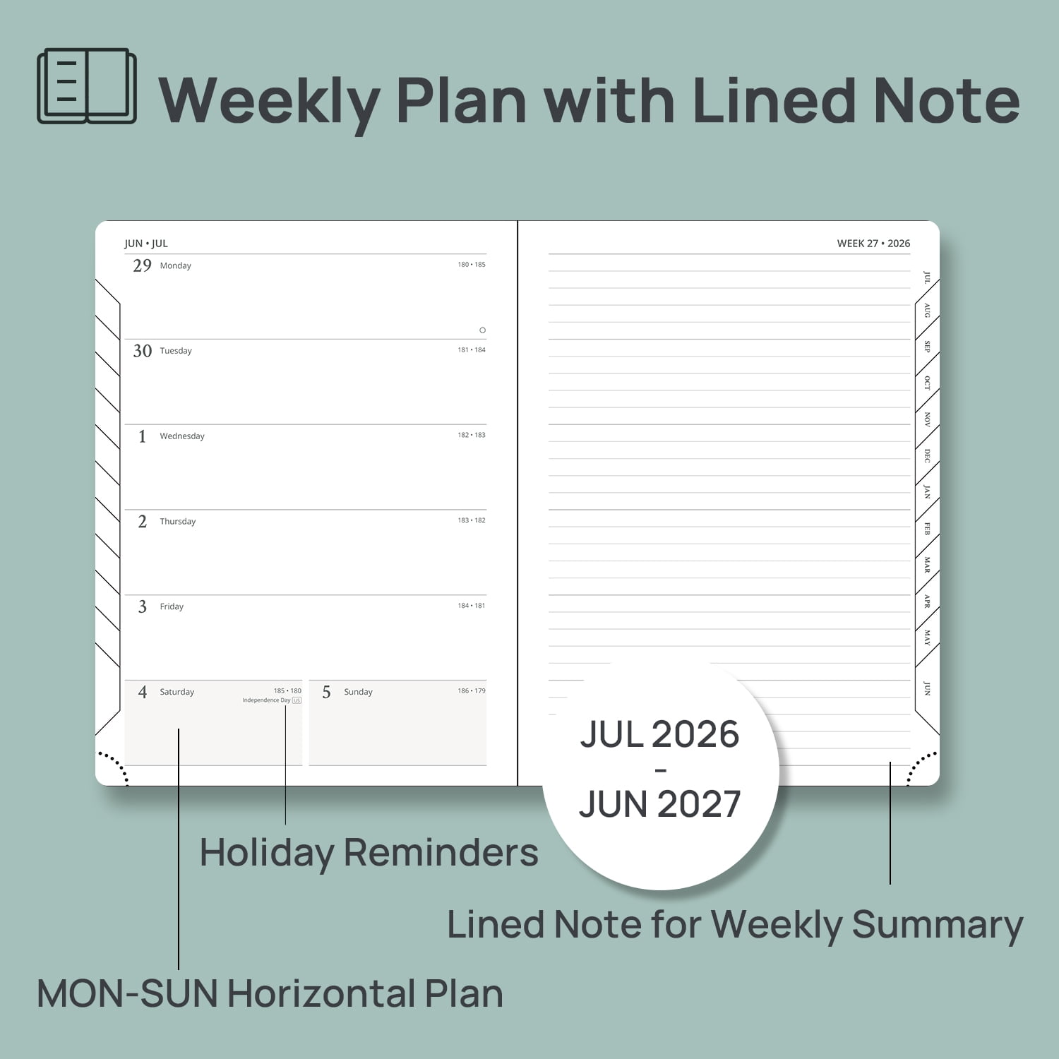POPRUN Planner 2026-2027, Weekly and Monthly Academic Planner Calendar Notebook (Jul.26-Jun.27), 6.5"x8.5", Inner Pocket, Monthly Tabs, Leather Soft Cover - Black
