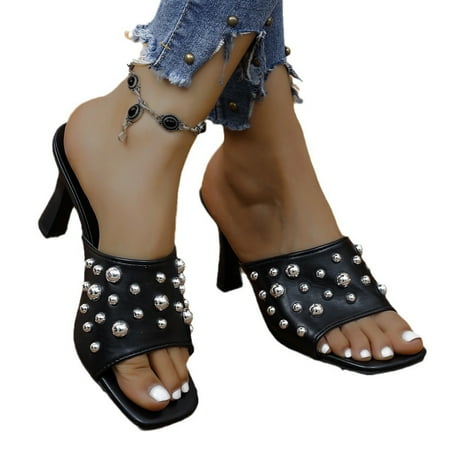 

AXXD Black Sandals for Women Clearance Under $10 Summer Leisure Vacation Rectangular Toe Open Toed Ball Mental Studded High Heel Sandals