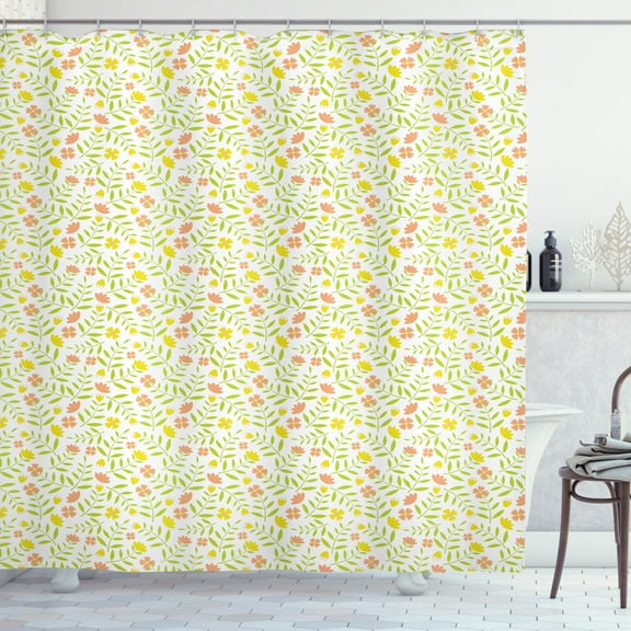 Abstract Shower Curtain, Nursery Concept of Tiny Twiggy Tulips and Four Petal Flowers, Fabric Bathroom Set with Hooks, 69W X 70L Inches, Yellow Green Salmon and Yellow, by Ambesonne