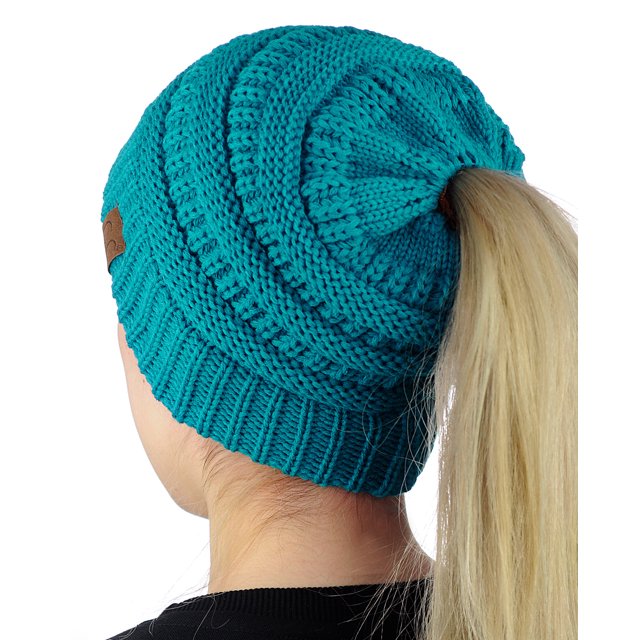 C.C Bonnet Doux Extensible en Tricot Torsadé, Bonnet Queue de Cheval, Turquoise