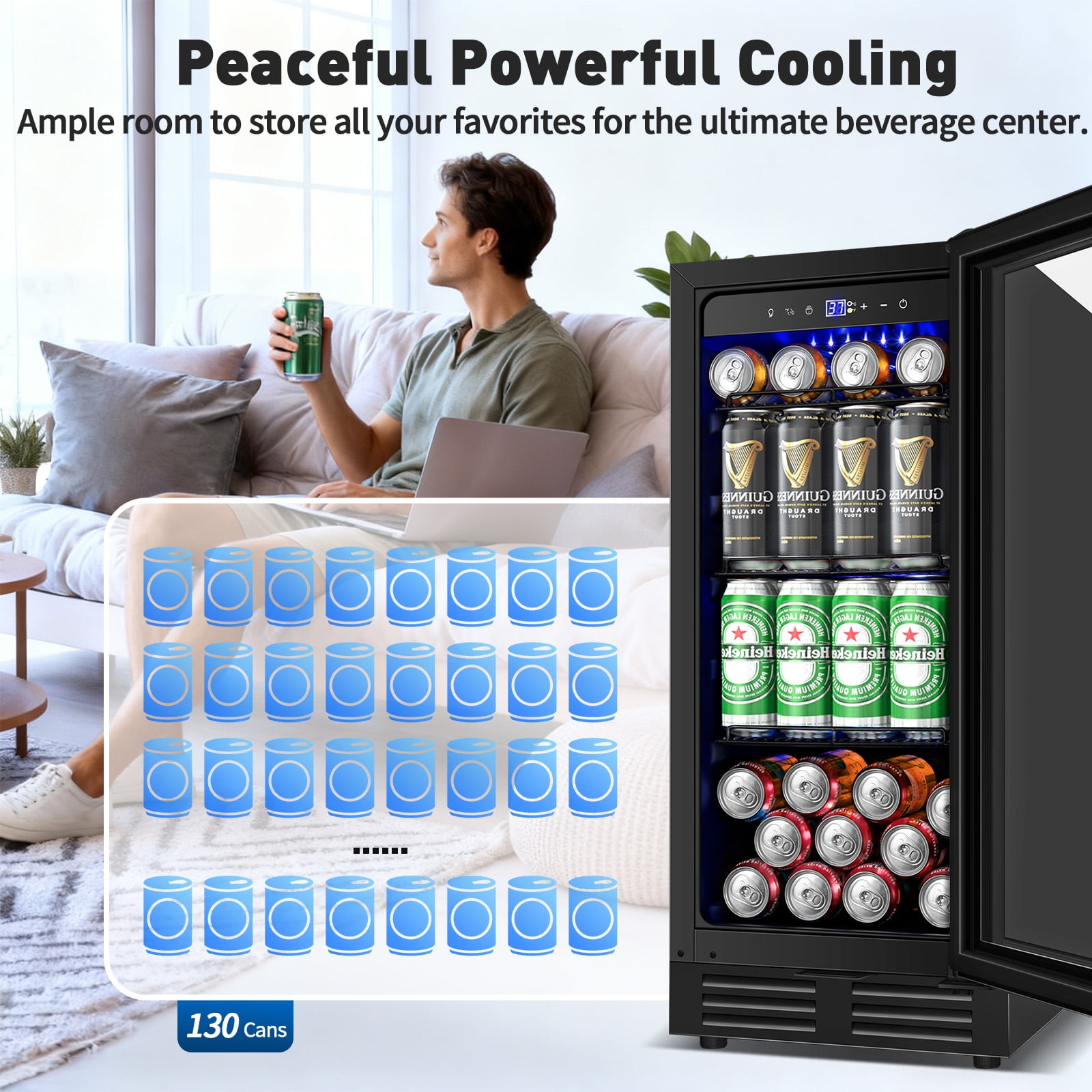 TITTLA 15 inch 130 Can Beverage Fridge,Freestanding Built-in Wine Cooler with Glass Door,Black