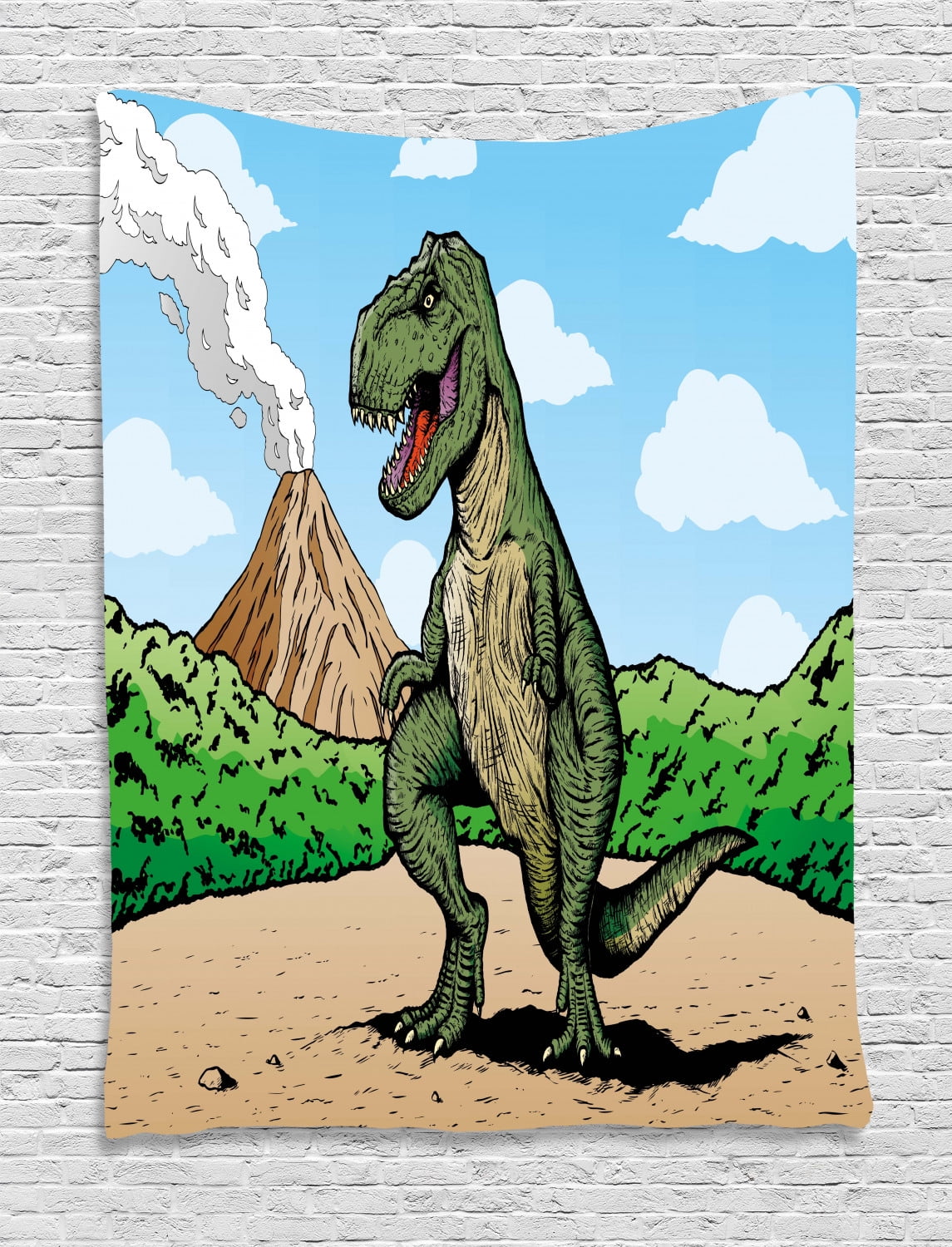 Dinosaur Tapestry, Giant Lizard T-Rex on Active Volcano Untouched Jungle Backdrop, Wall Hanging