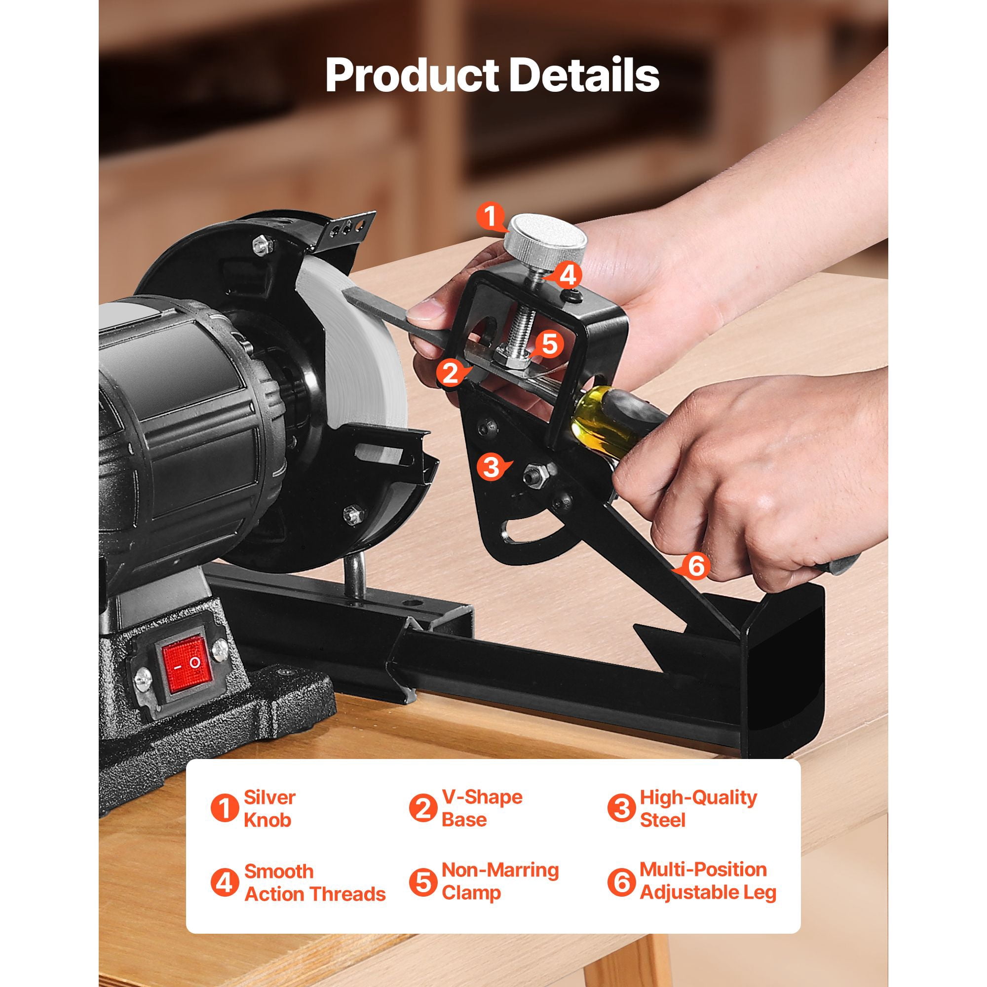 Multi-Grind Sharpening Kit with Platform Worktable, Long Support Arm, Fingernail Gouge Jig, for 6" & 8" Bench Grinders