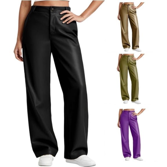 Fewfanhot Pants for Women High Waist Coated PU Button Straight Leather Black Leggings Wide Leg Pants with Pockets
