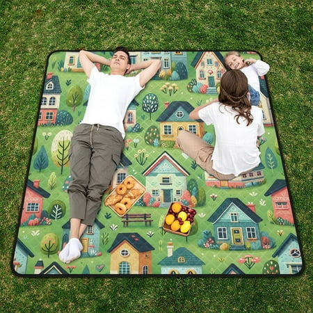 Cute Houses Beach Blanket Outdoor Picnic Blanket 78 x 78 Waterproof Foldable for Beach Camping Travel Hiking Grass Lawn Park