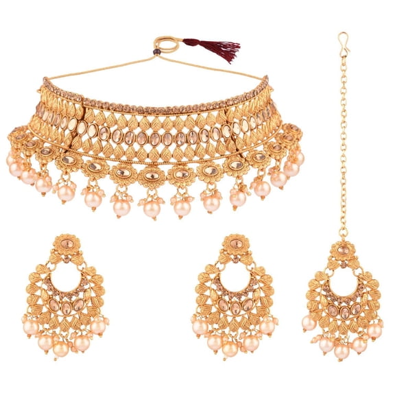 Efulgenz Indian Bridal Sets for Women Wedding Traditional Faux Pearl Kundan Crystal Stone Necklace Chaandbali Earrings with Maang Tikka Bollywood Indian Jewelry for Women