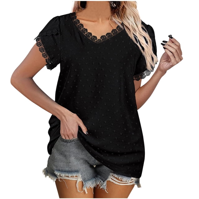 Blusa superior sexy de manga corta con retazos de encaje con cuello en V de verano para mujer Fridja bn7107
