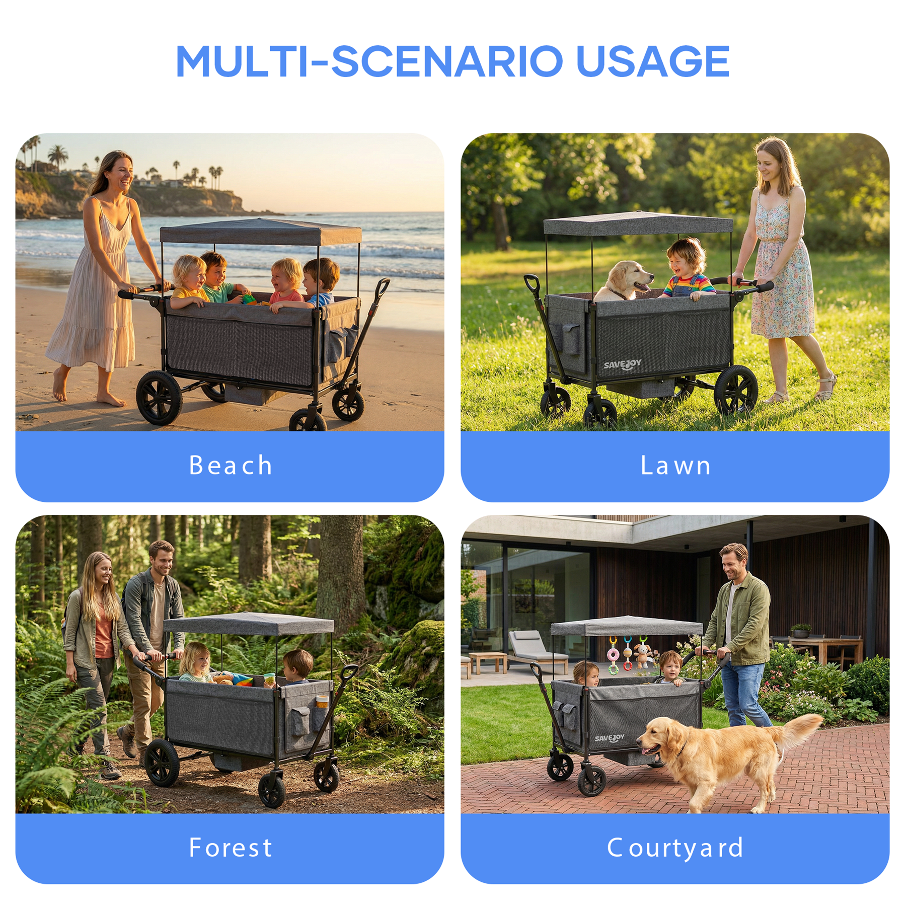 SaveJoy Wagon Stroller, Collapsible Stroller Wagon for 4 Passenger with Adjustable Canopy & 5-Point Harness, Grey
