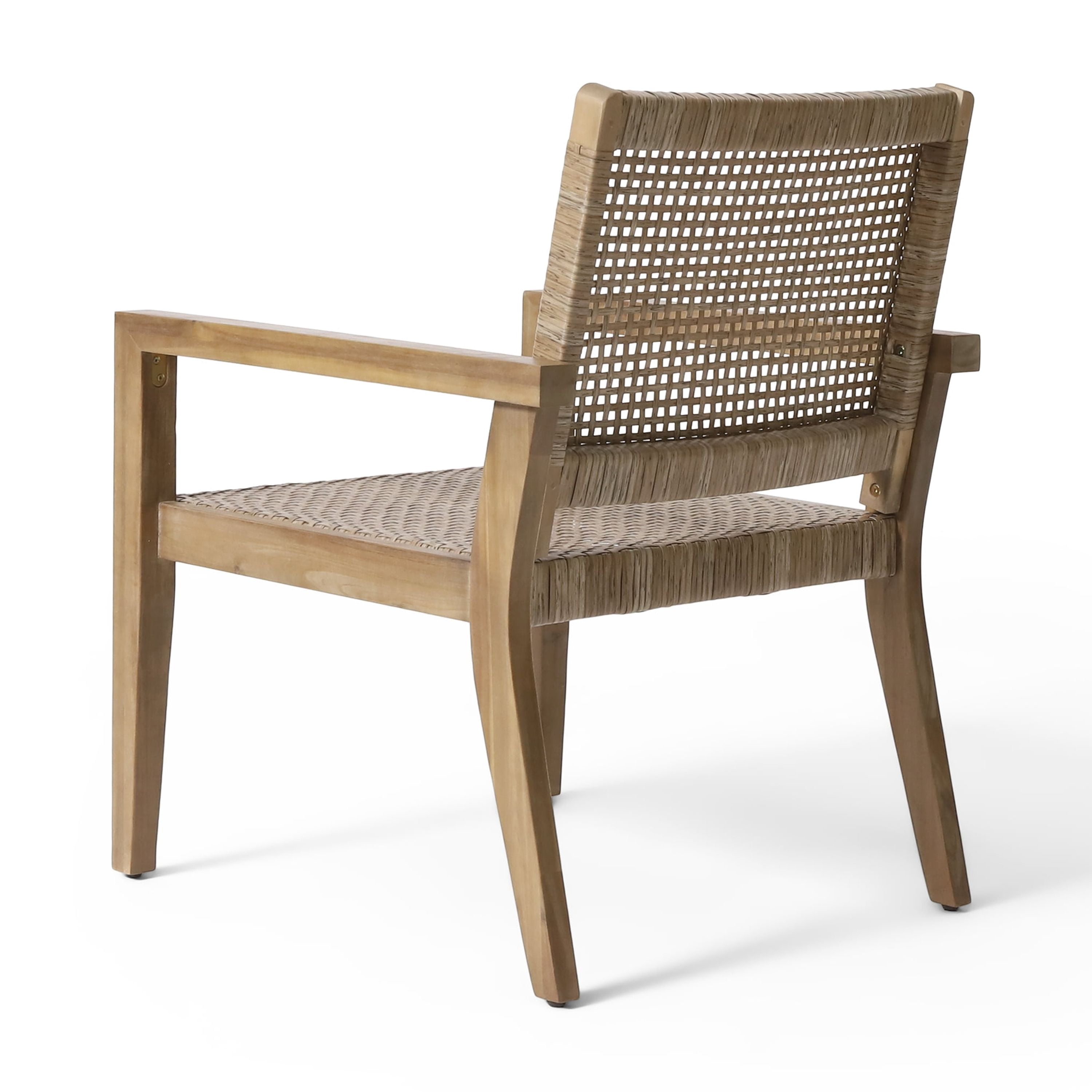 Outdoor Single Seat Chair Set of 2, Combined Wicker and Acacia Wood Structure for Patio Garden, Light and Light Brown