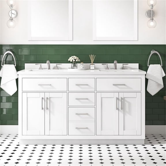 Pemberly Row 60" Double Bathroom Vanity in White with White Countertop