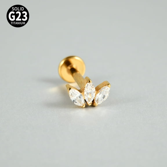 1pc G23 Titanium Micro Pave Cubic Zirconia Cartilage Earrings Internally Threaded Labrets Stud Tragus Stud Flat Back Earring Leaf Golden 8mm for DIY