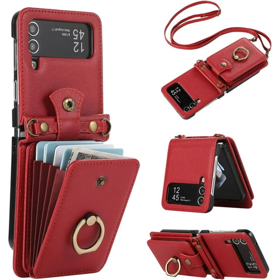 REQO Phone Case for Samsung Galaxy Z Flip 4 5G 2022 Wallet Cell Cover with and Crossbody Strap Ring Stand RFID Credit Card Holder ZFlip4 Z4 Flip4 4Z Accessories Kickstand Women Men Girls Red