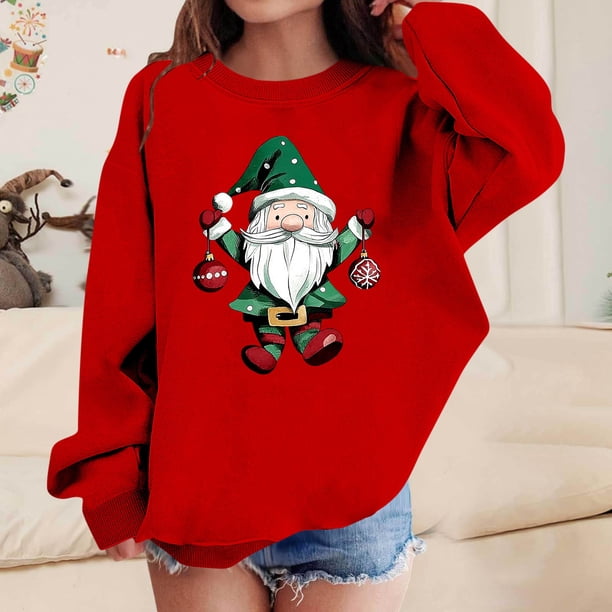 Blusas y camisas de manga larga con cuello redondo para niños Estampados navideños de manga larga Casual Suelto Forro polar para mayor calidez Sudadera con capucha de manga larga con cuello redondo pa