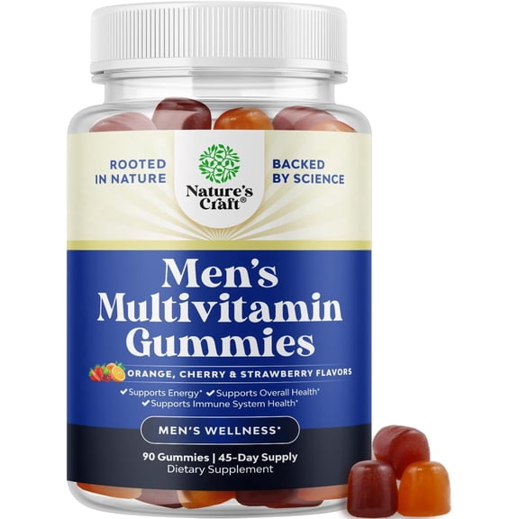 Natures Craft Daily Mens Multivitamins Gummies - Mens Gummy Multivitamins with Zinc and Biotin Immune Support Gummies - Potent Vitamins for Energy and Immunity Non-GMO Gluten Free Halal 90 Count