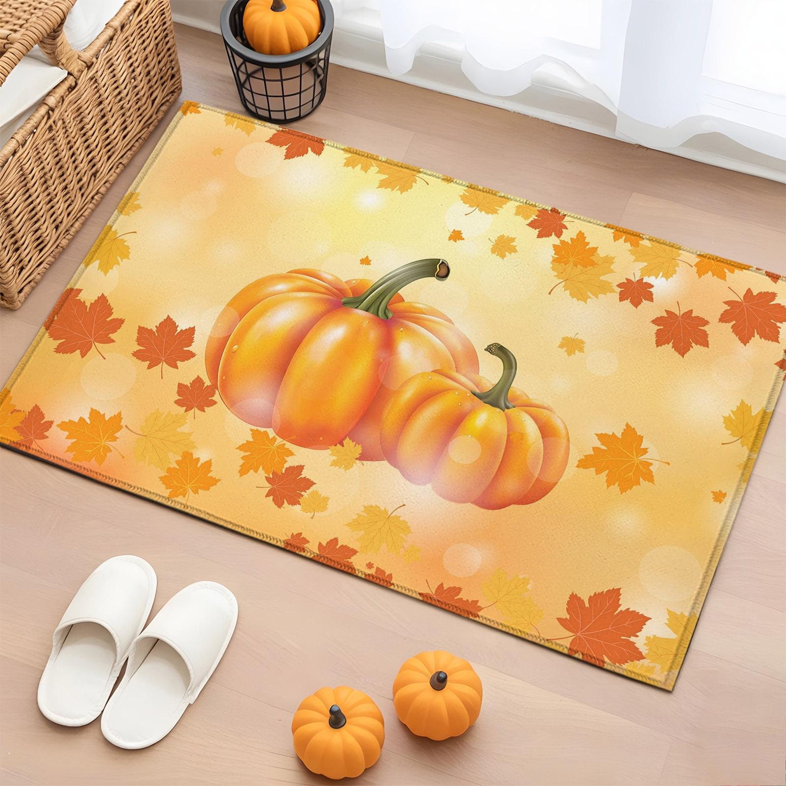 Rectangle Rug 2x3ft Area Rug Fall Thanksgiving Orange Pumpkin Area Rugs for Living Room Bedroom Watercolor Maple Leaves Falling Leaf Floor Mat Non-Slip Non-Shedding Carpet Indoor Accent Rugs
