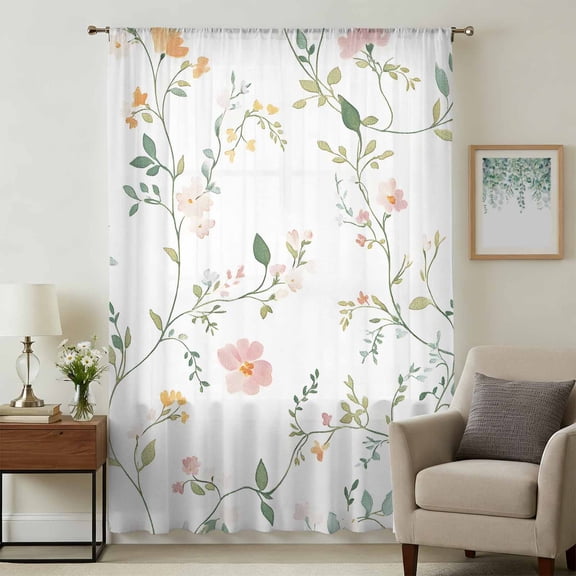 Watercolor Wildflowers Sheer Curtains 45 Inches Long, Spring Botanical Branches Floral Light Filering Curtains, Breathable Simi Curtain Privacy Drapes for Kitchen Bathroom Small Window Treatment
