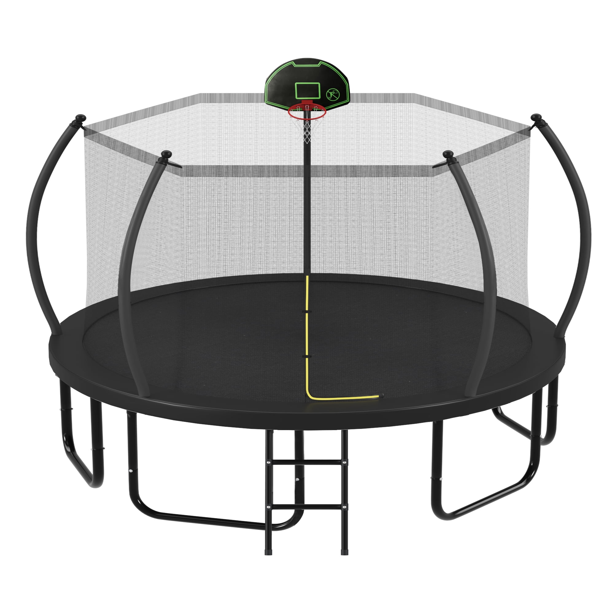 12FT Trampoline with Basketball Hoop, Round Outdoor Trampoline with Enclosure Net & Curved Poles & Ladder