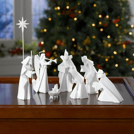 One Hundred 80 Degrees White Porcelain Origami Nativity Set - 9 Piece Set Christmas Holiday Decor