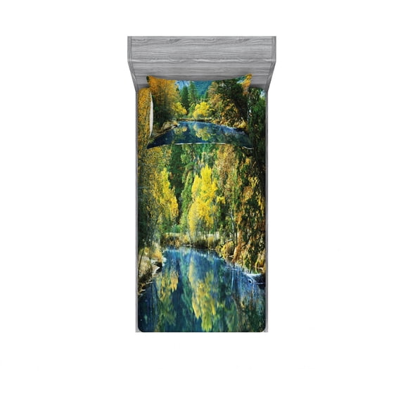 Nature Bedding Set with Sheet & Covers, Autumn Landscape Scenery Forest by River Seasonal Rural Countryside Picture, Printed Bedroom Decor 2 Shams, 4 Sizes, Green Blue Yellow, by Ambesonne