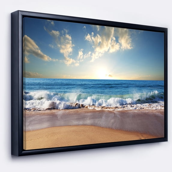 DESIGN ART Designart 'Sea Sunset' Seascape Photography Framed Canvas Art Print 20 in. wide x 12 in. high Black