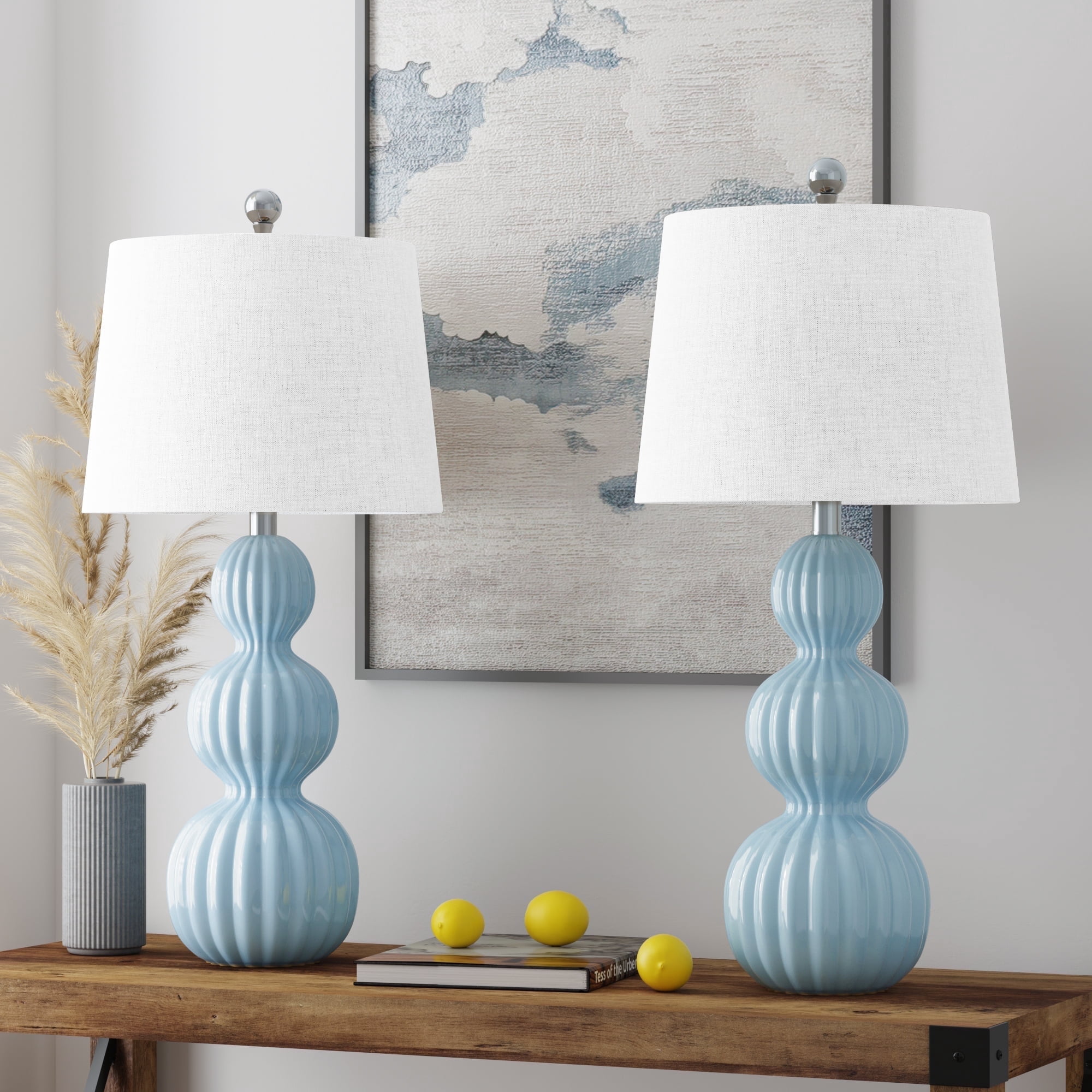 Maxax Blue Ceramic Table Lamps Set of 2, 28-Inch Triple Gourd Design with White Shade for Living Room, Bedroom, Office