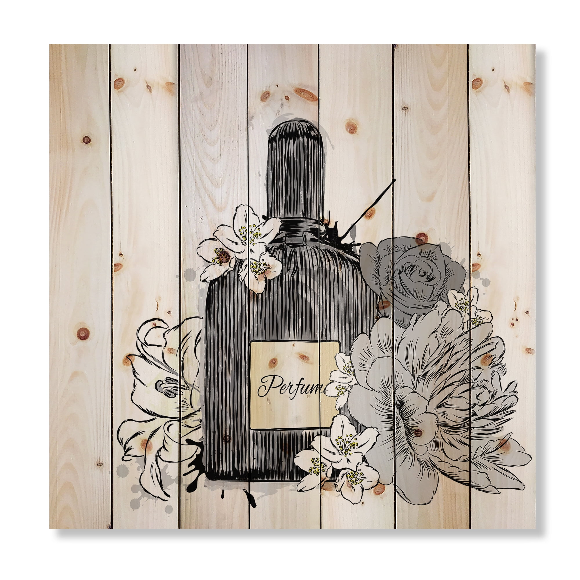 Designart 'Bouquet of Flowers and Perfume Bottle III' Traditional Print on Natural Pine Wood