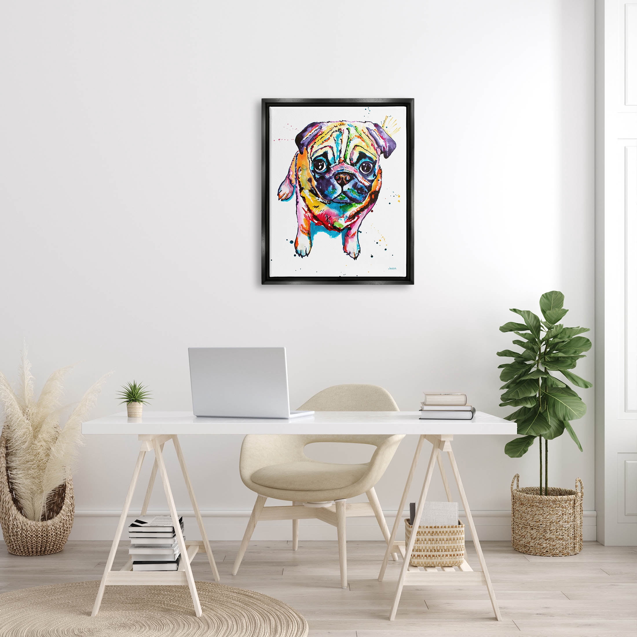 Fun Hued Pug Puppy Animal Animals & Insects Graphic Art Jet Black Framed Art Print Wall Art