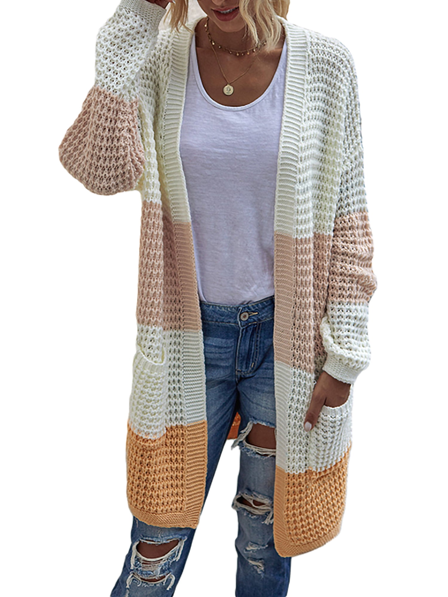 Women Casual Color Block Knitted Sweater Cardigan Long Sleeve Jacket Coat  Outwear With Pockets Oversized Jumper Ladies Winter Warm Sweater Coat -  Walmart.com