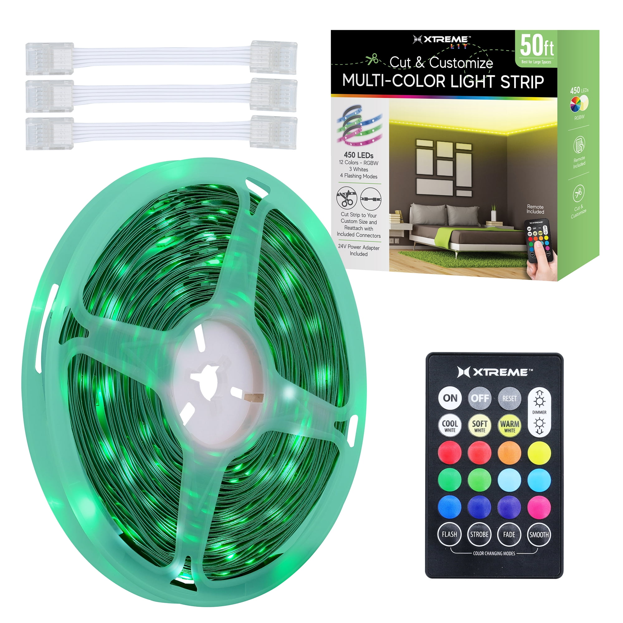 Xtreme Lit 50ft Indoor LED Strip Lights Kit, Multicolor LED Lights for Bedroom, Cuttable, Remote Control