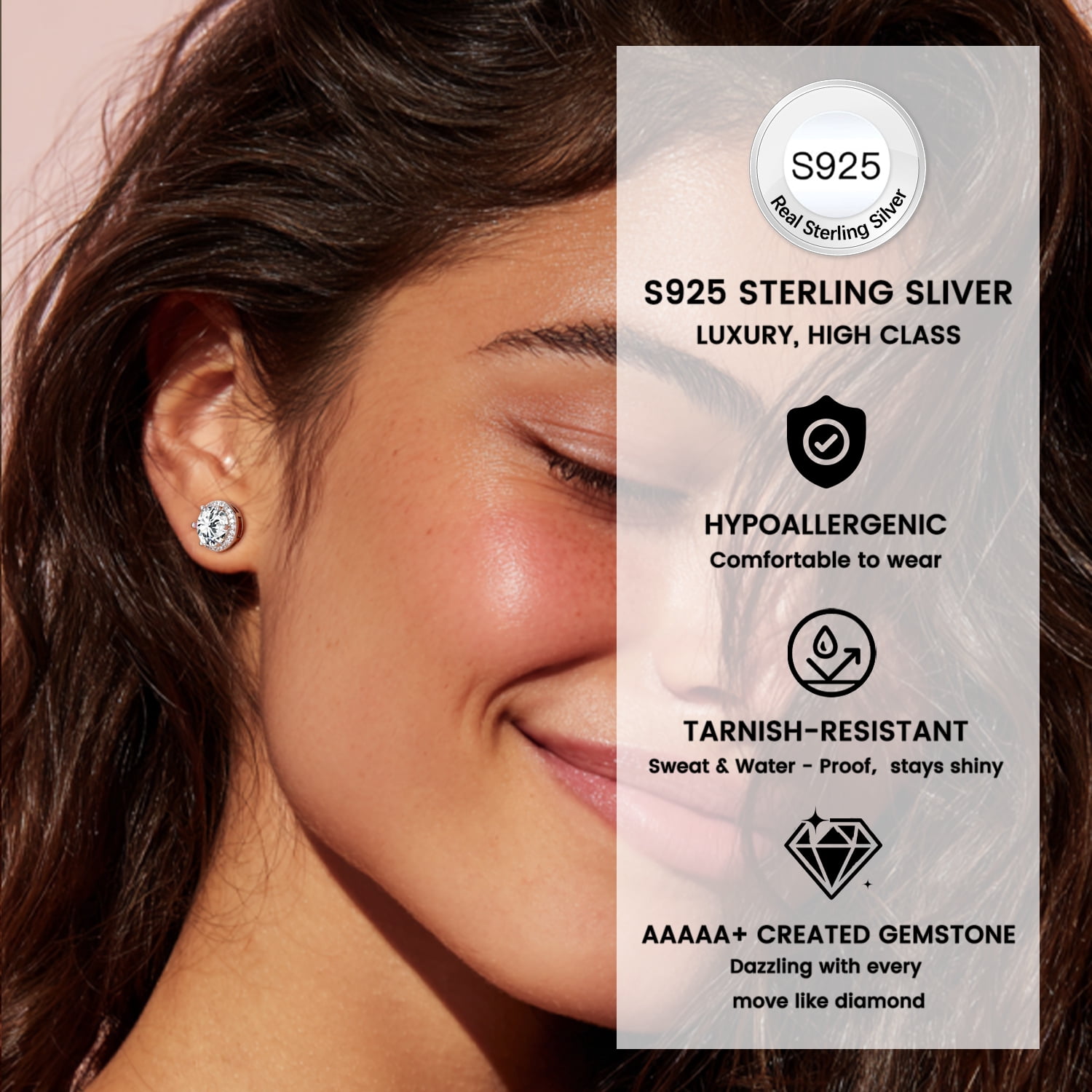 Bestyle Pure 925 Sterling Silver Birthstone Stud Earrings Round Synthetic Clear Quartz Diamond Studs Earrings Women Birthday Graduation Gifts April
