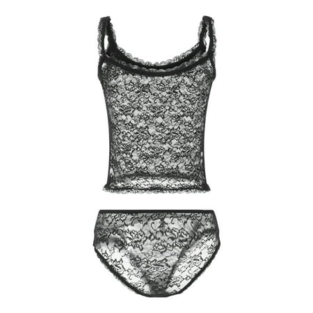 

Lingerie set for Women Lace Mesh see-through Sleeveless Spaghetti Strap Cami Tops and G-string Panties Underwear Nightwear Suit
