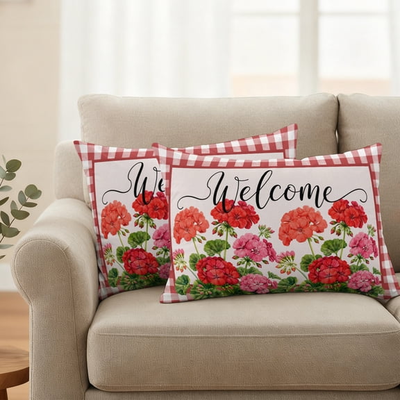 Outdoor Waterproof Throw Pillow Cover Country Red Pink Flower Decorative Pillow Covers 20x12inch Set of 2 Pillows Case, Pastoral Geranium Buffalo Plaid Cushion Cases for Sofa Couch Patio Garden
