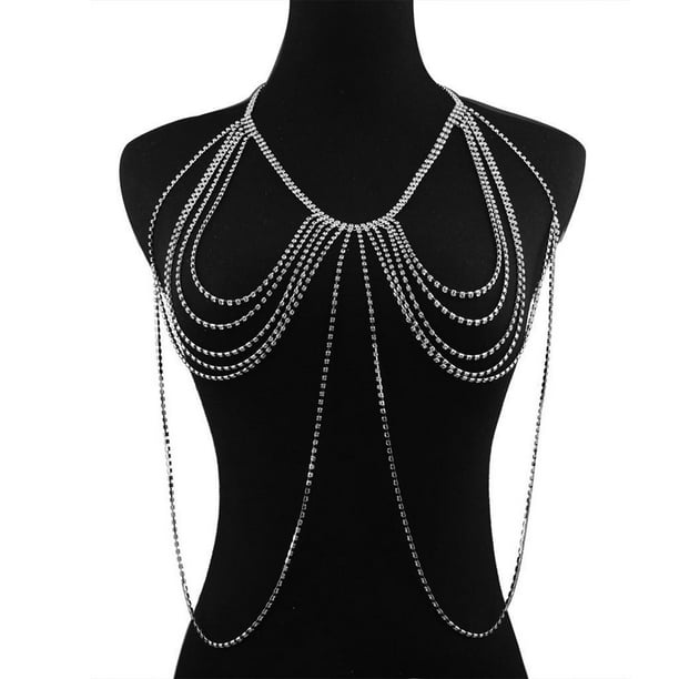 Women Shiny Chest Body Chain Tassel Harness Necklace Party Jewelry
