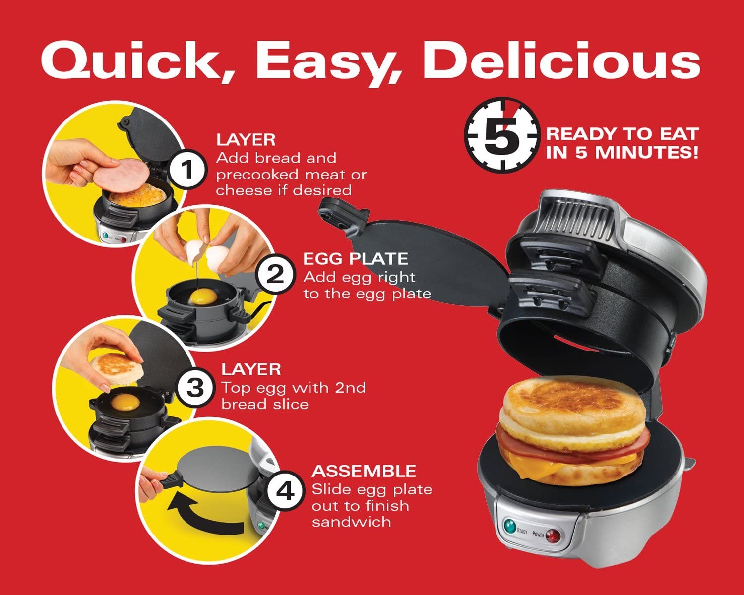  Hamilton Beach Breakfast Sandwich Maker with Egg Cooker Ring,  Customize Ingredients, Perfect for English Muffins, Croissants, Mini  Waffles, Perfect White Elephant Gifts, Red (25476): Egg Sandwich Maker:  Home & Kitchen