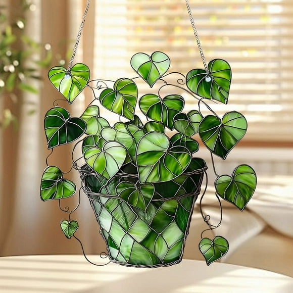 Colgante de ventana exterior de San Valentín - Decoración 2D verde en maceta para decoración romántica de hogar y jardín