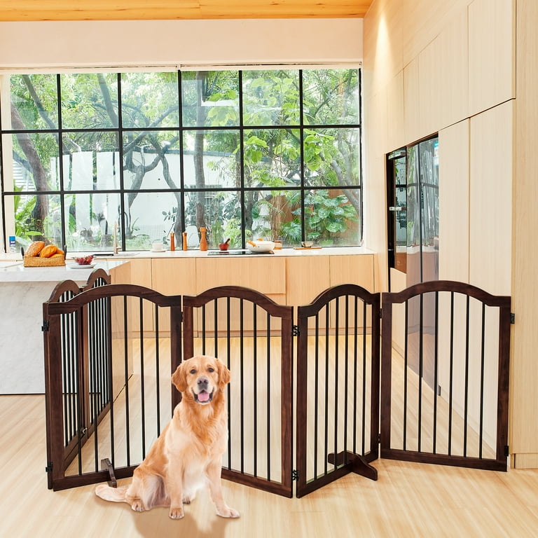 TrumanPick Free Standing Pet Gate with Door 36 H x 144 W Foldable Dog Gate 6 Panels Solid Wooden Dog Fence Indoor with Support Feet for House Doorways