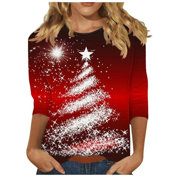 Womens Plus Size Christmas T Shirts 3/4 Sleeve Xmas Tree Printed Graphic Tee Tshirts Loose Crewneck Holiday Tops (XL, Red)