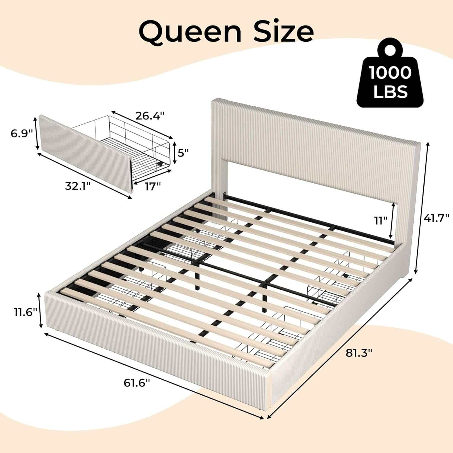Queen Bed Frame with Tufted Wingback Headboard, Platform Corduroy Upholstered Bed Frame with 4 Storage Drawers and Wooden Slats Support, No Box Spring Needed, Beige