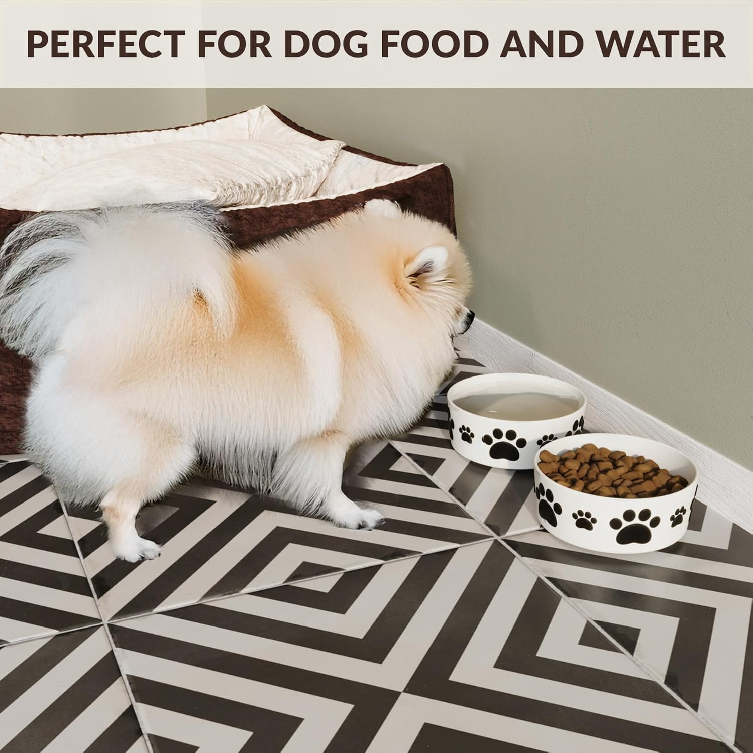 Ceramic Dog Bowls for Small Size Dog - 5'' Round × 2 Tall Dog Food Bowl & Water Bowl Set of 2 - Small Dog Bowls with Anti-Slip Rings - 2 Cups Food and Water Bowls for Dogs and Cats