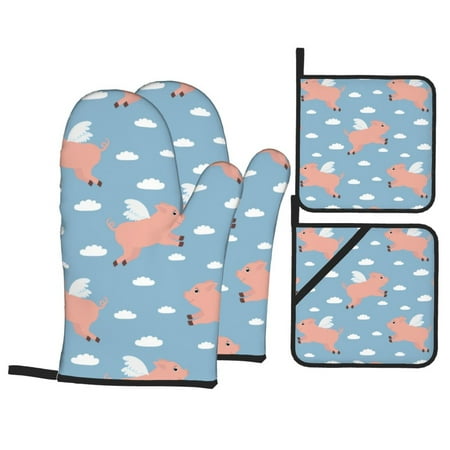 

Oven Mitts and Pot Holders 4 pcs Set Cute Pig With Wings Heat Resistant Pot Holders Oven Mitts for kitchen Non-Slip Hanging Loop Oven Glove Potholders for Baking Cooking