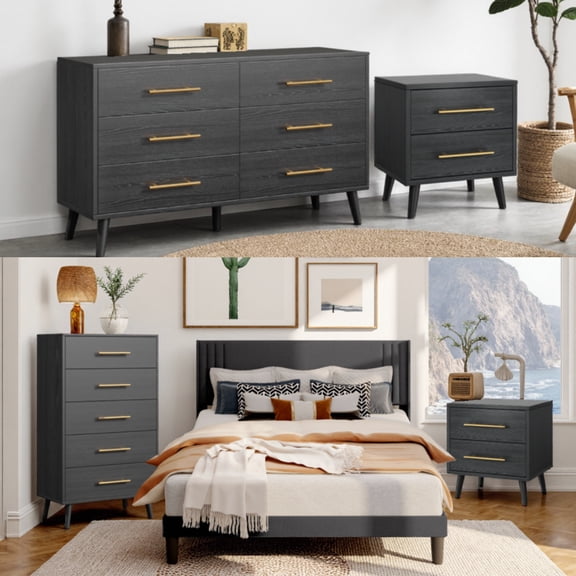 Queen Bed Frame & Storage Combo, Upholstered Platform Bed Frame with 4 Wood Dressers (2, 5, 8 Drawers), Dark Gray & Black