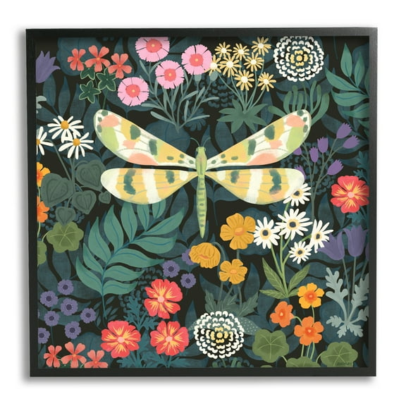 Stupell Industries Garden Pattern & Dragonfly Botanical & Floral Painting Black Framed Art Print Wall Art, 12 x 12
